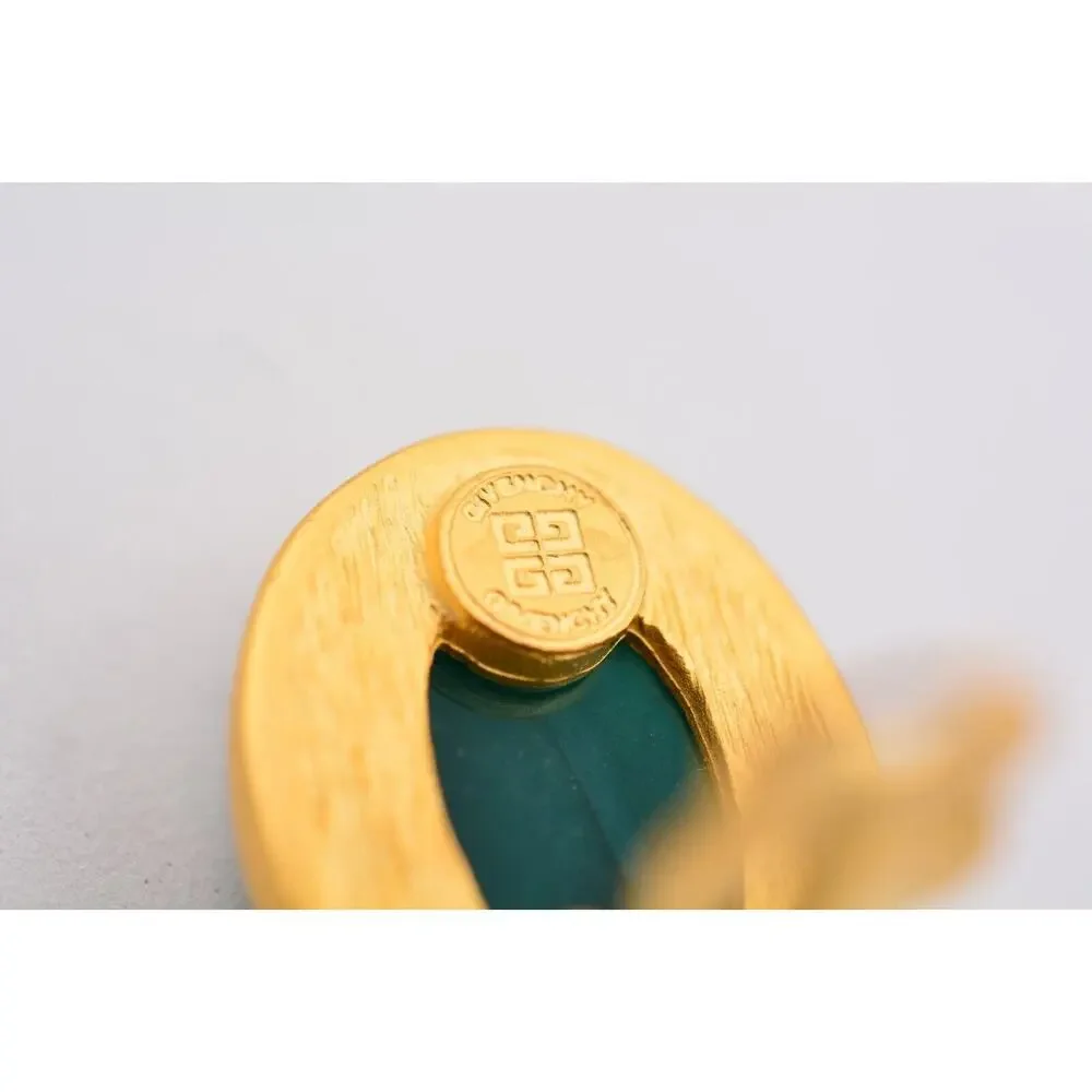Givenchy Vintage Cabochon Clip On Earrings Teal Brushed Gold Chunky Signed BinAY - Picture 11 of 12